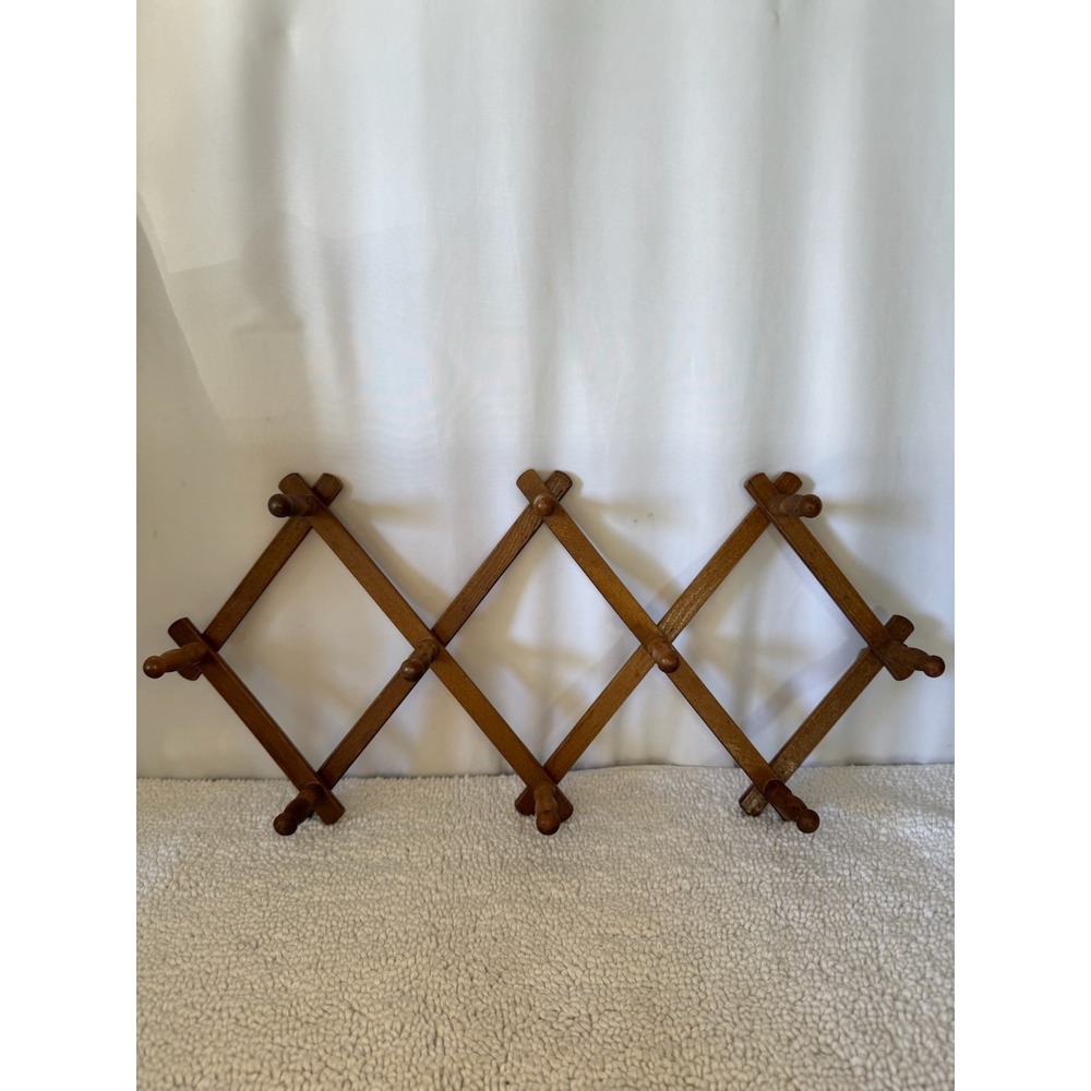 Vintage Wood Accordion Wall Rack Expandable 10 Peg Hat Coat Hanger Japan